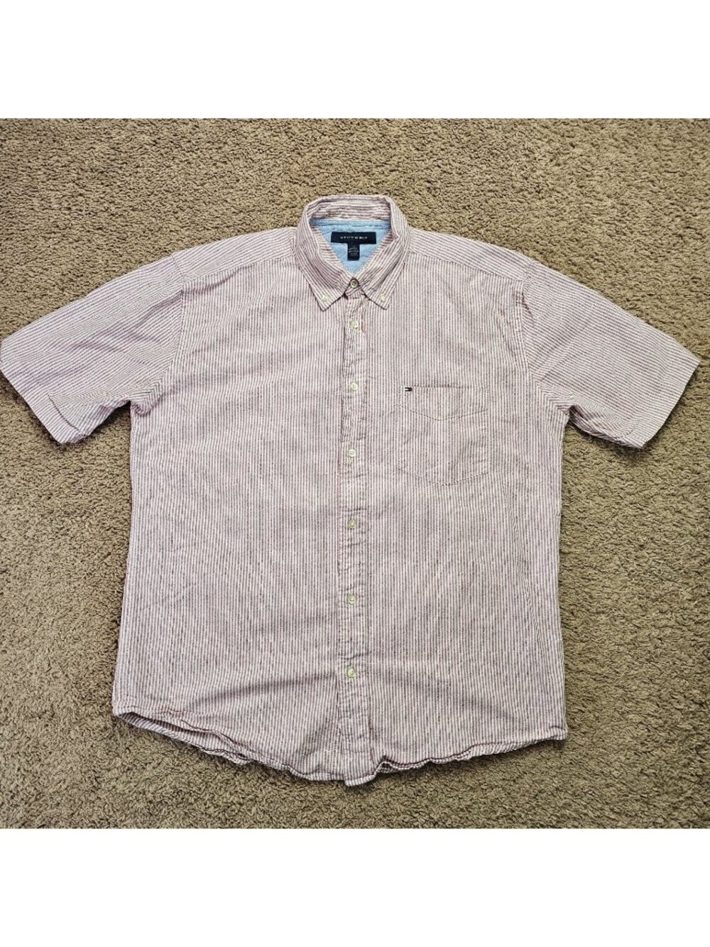 Tommy Hilfiger Button Up Shirt Mens L Red Striped Short Sleeve Cotton Top
